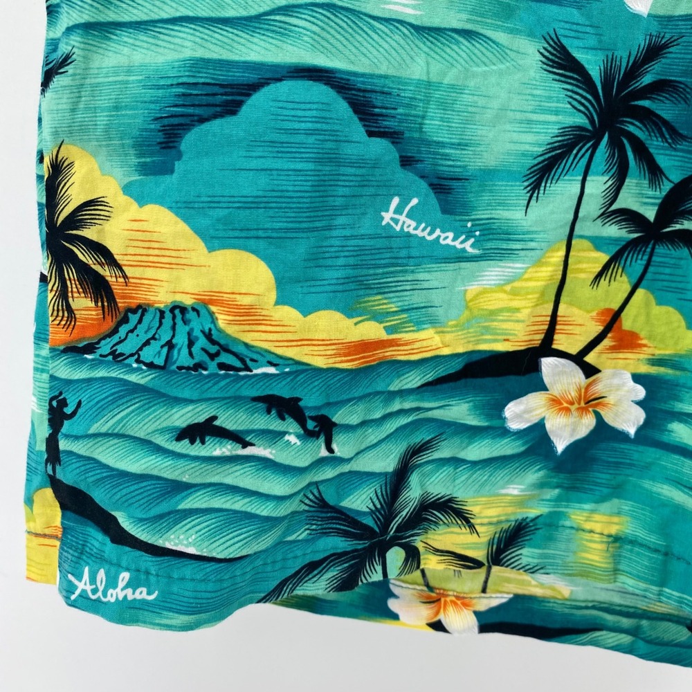 Hawaiian Togs Mens M Aloha Shirt Teal Tropical Palm Tree Dolphin Cotton HI Made - Picture 7 of 8